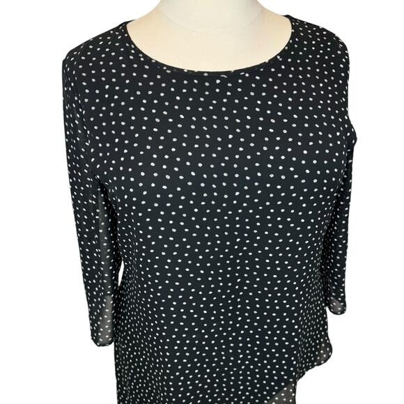 Chico's Travelers Black Polka Dot Asymmetric Hem Sheer Sleeve Tunic Top 3/XL - Picture 3 of 12